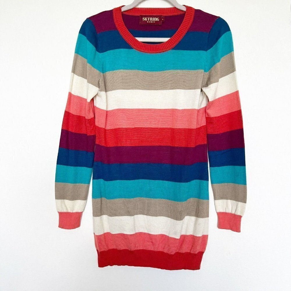 𝅺Vintage wool dress sweater SMALL pink blue Long Sleeve comfy cozy crew neck - Picture 4 of 14